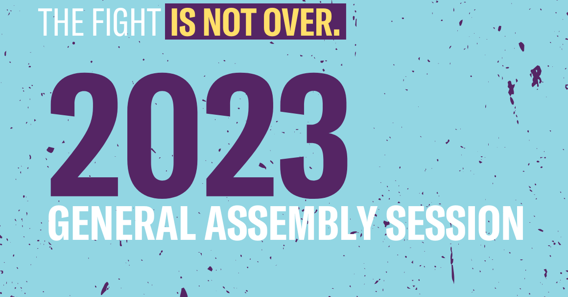 Graphic with azure blue background and the following text: "The fight is not over. 2023 general assembly session"