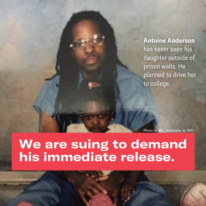 A photo of Antoine and his daughter, reading "We are suing for his immediate release."