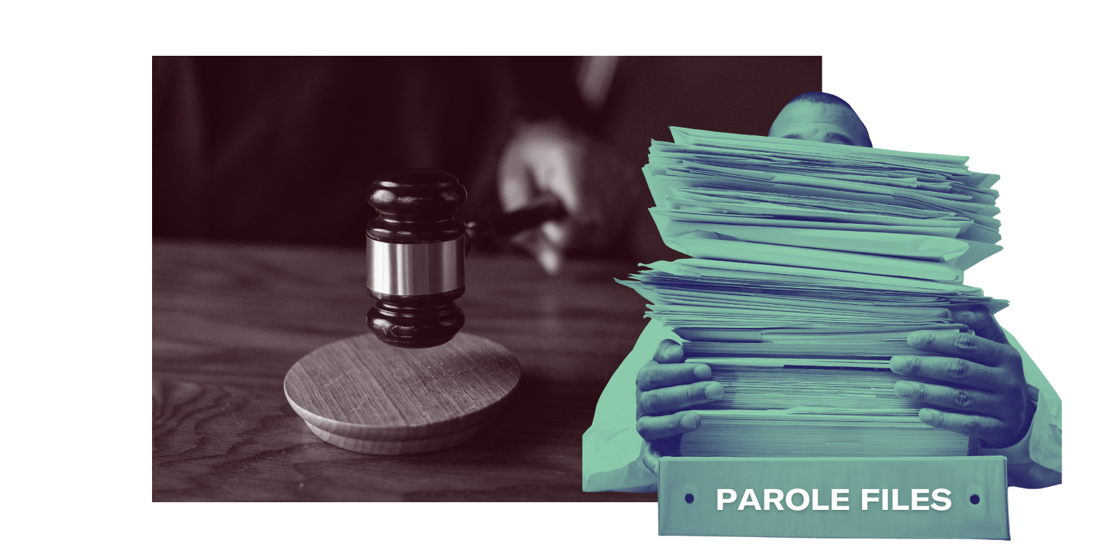 graphic with stacks of files and a gavel in the background to symbolize parole transparency